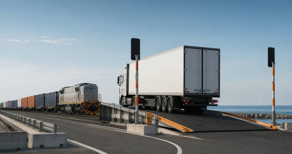 Camion chargé sur une rampe ferroviaire au bord de la mer