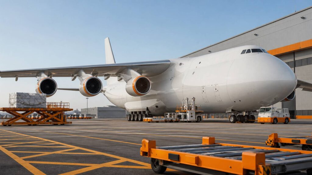Avion cargo à large fuselage arrondi garé sur un tarmac d'aéroport