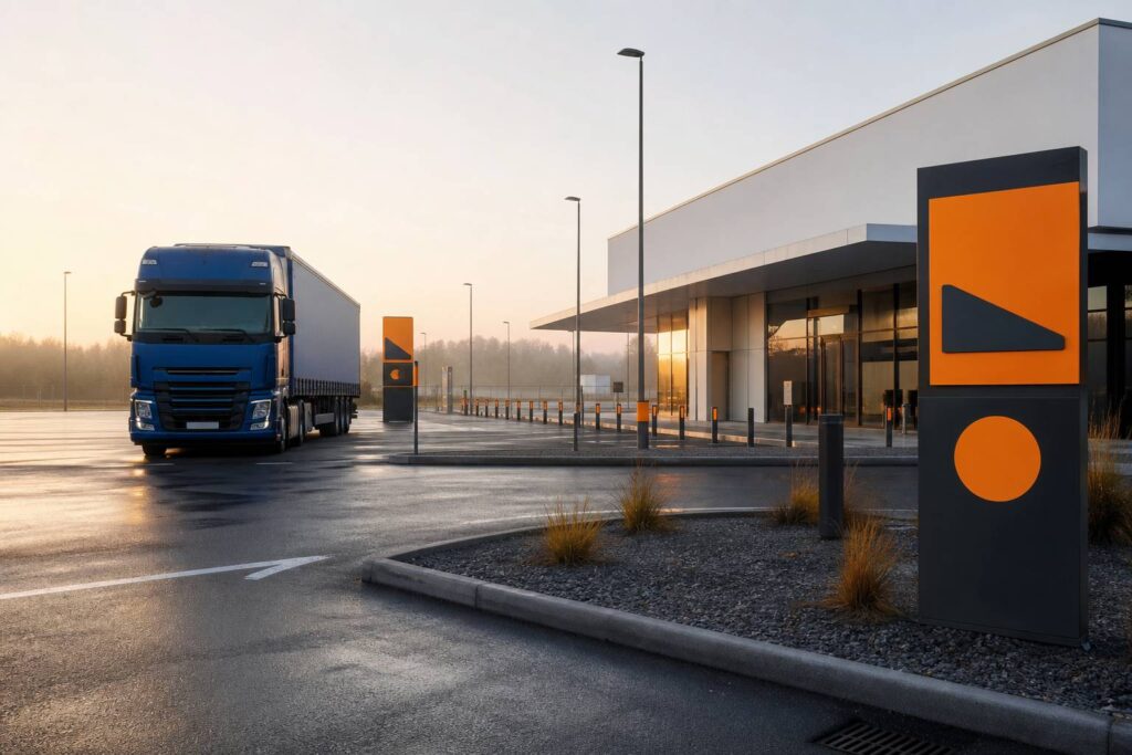 Aire de repos pour poids lourds avec signalétique ambre au petit matin