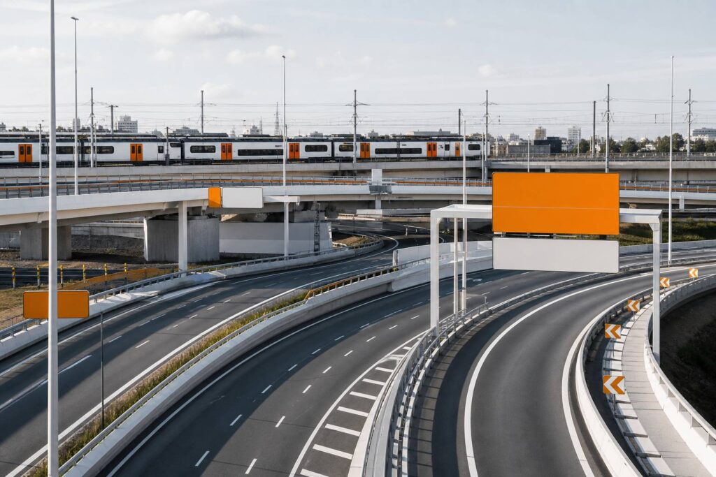 Échangeur autoroutier avec signalétique et ligne ferroviaire