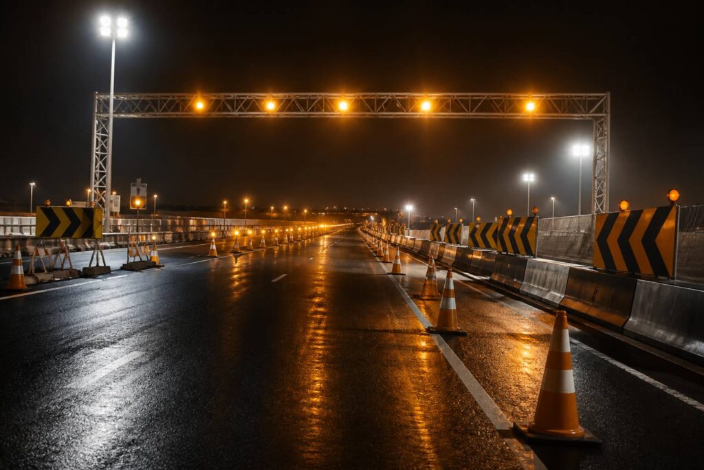 Autoroute de nuit fermée par des cônes et barrières