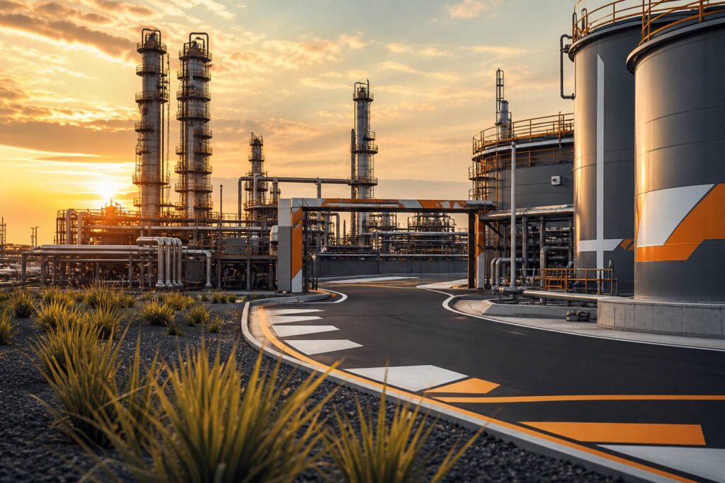 Raffinerie industrielle moderne au coucher du soleil avec colonnes et réservoirs