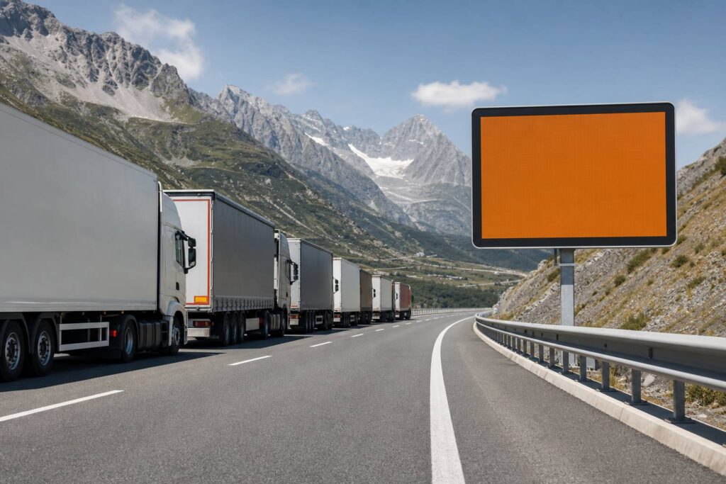File de camions à l'arrêt sur une autoroute alpine