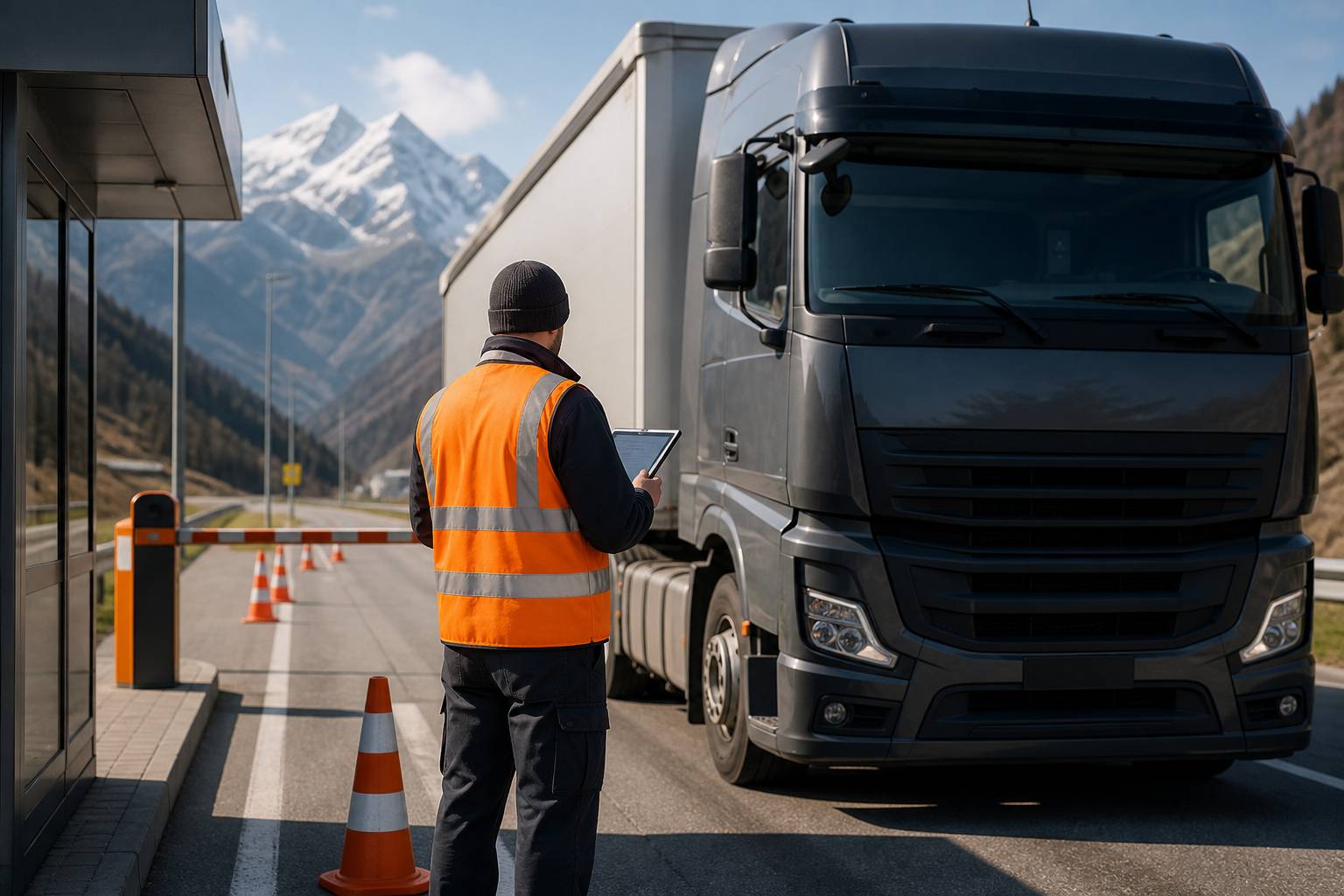 Camion arrêté à un poste de contrôle sur autoroute