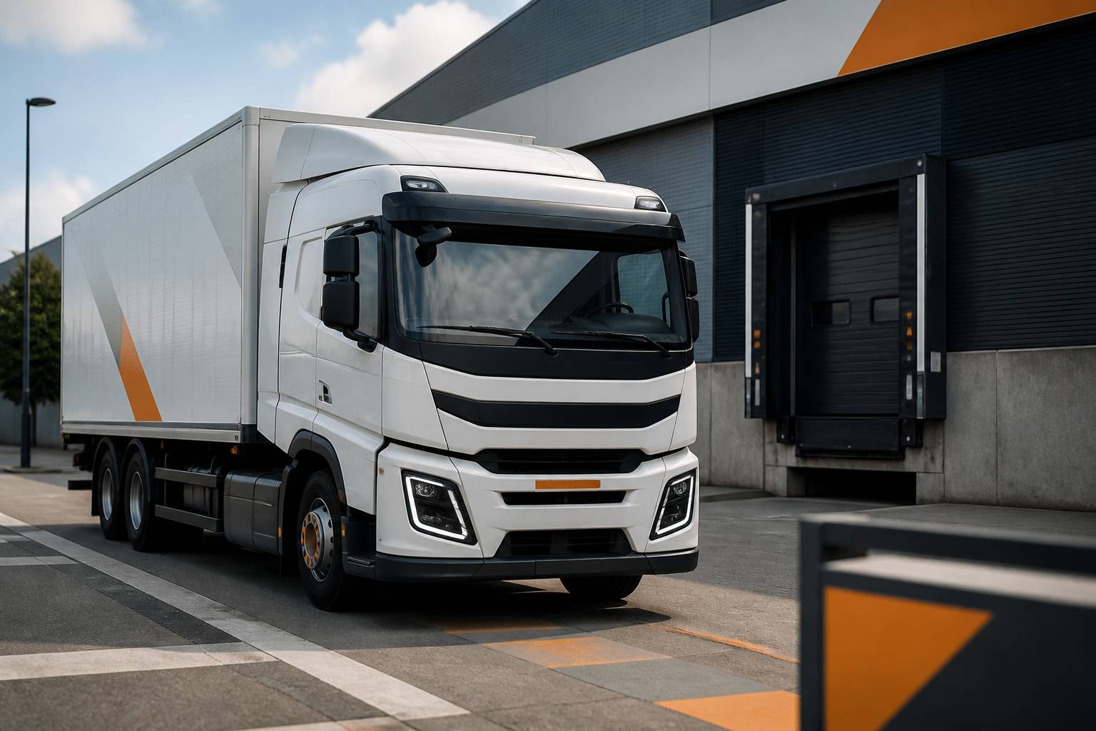 Cabine de camion vue de trois-quarts dans une zone de livraison urbaine