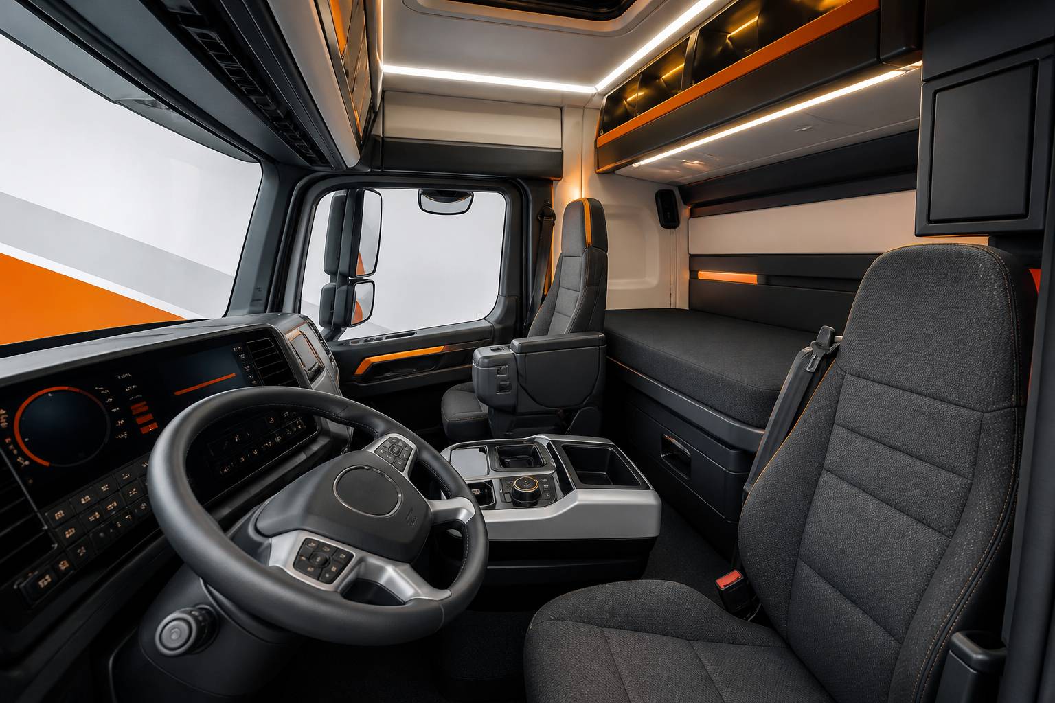 Intérieur de cabine de camion rénové avec volant et tableau de bord numériques