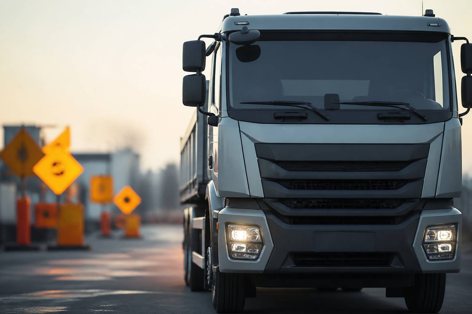 Avant d'un camion industriel sans logo près d'une signalétique routière ambre