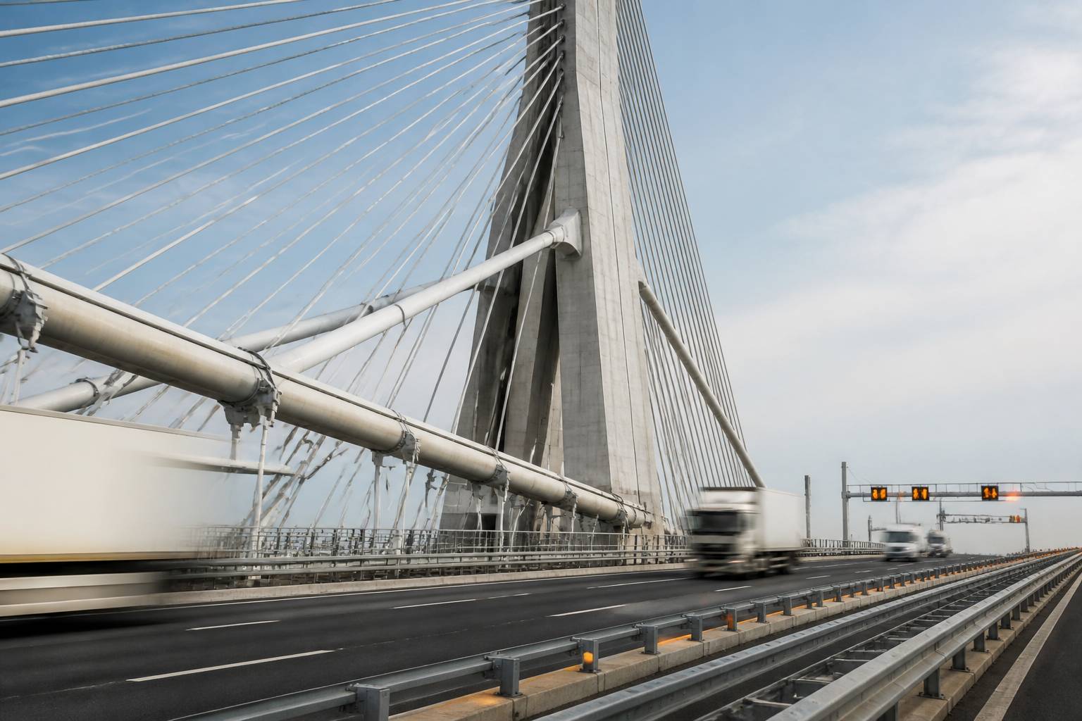 Câbles et tablier d'un viaduc avec des camions en circulation