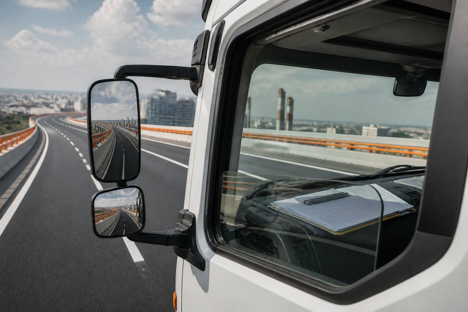 Tableau de bord de camion avec documents sans texte lisible