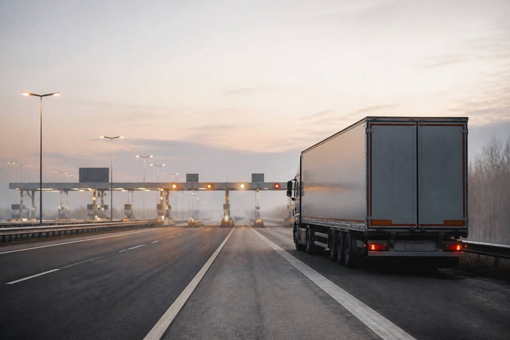 Camion semi-remorque à l'arrêt sur une autoroute au petit matin