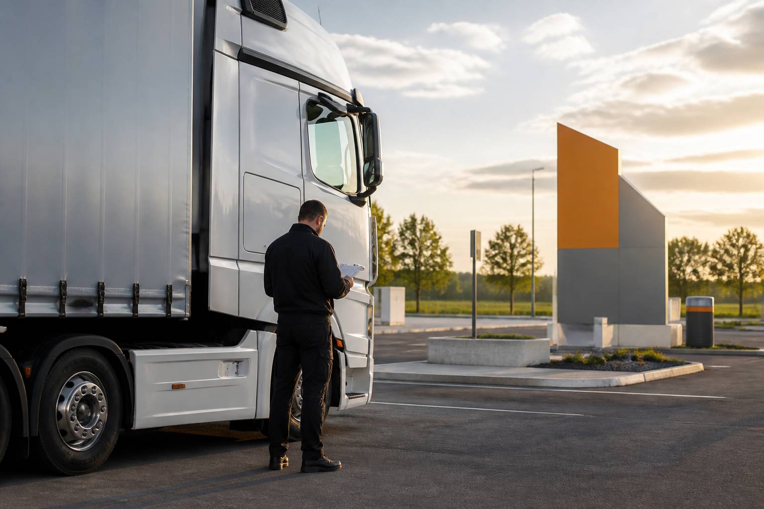 Conducteur de camion vérifiant des documents de bord sur une aire de repos autoroutière