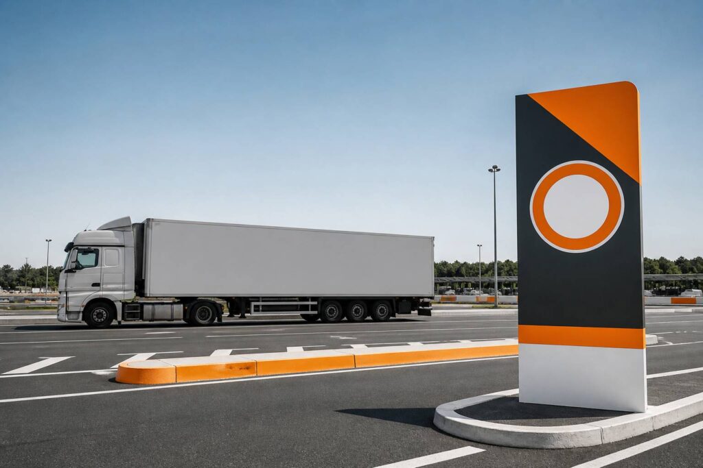 Camion poids lourd sur autoroute près d'un panneau de signalisation