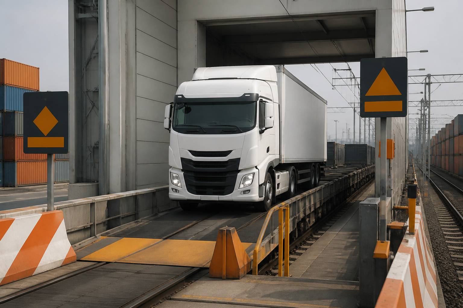 Camion roulant sur une plateforme ferroviaire dans un terminal