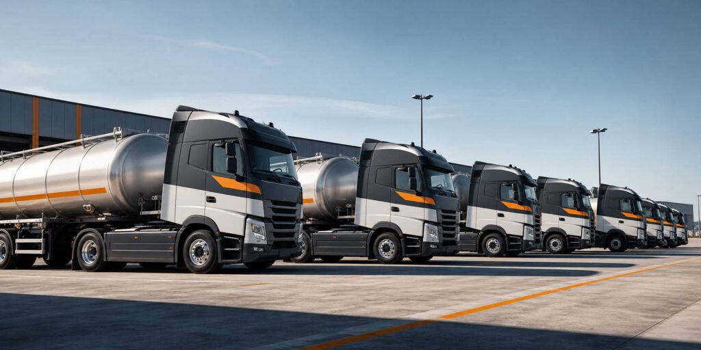 Flotte de camions-citernes alignée sur une aire logistique