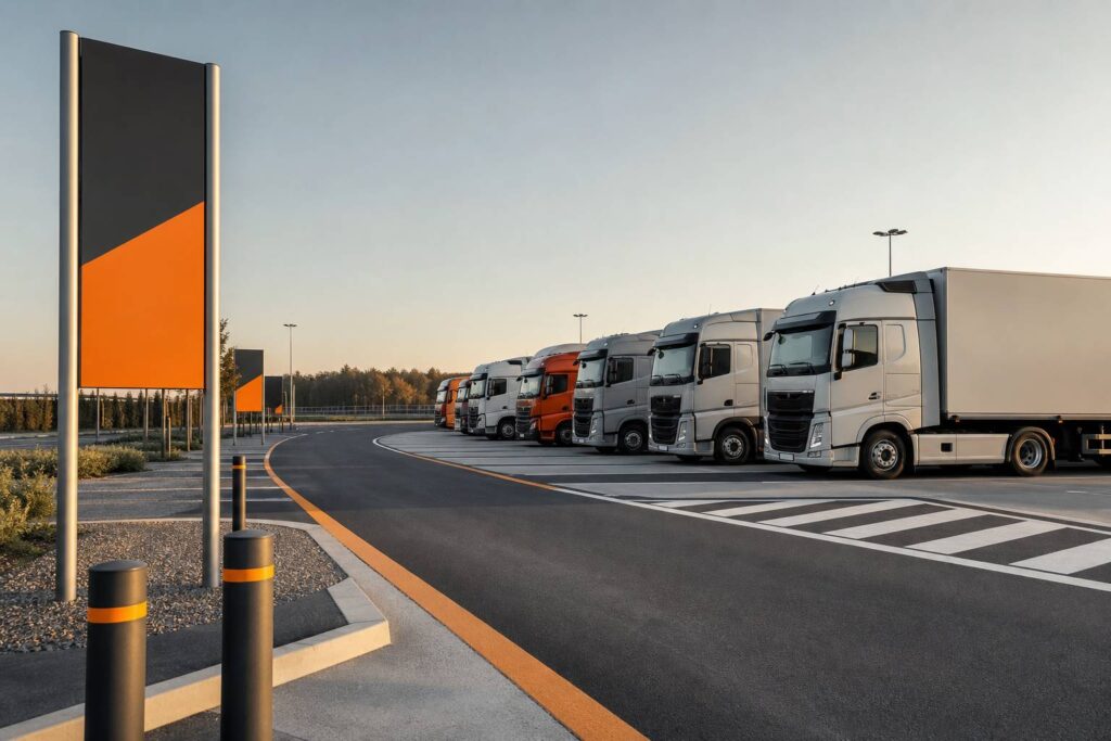 Camions industriels génériques alignés sur une aire de repos d'autoroute au matin