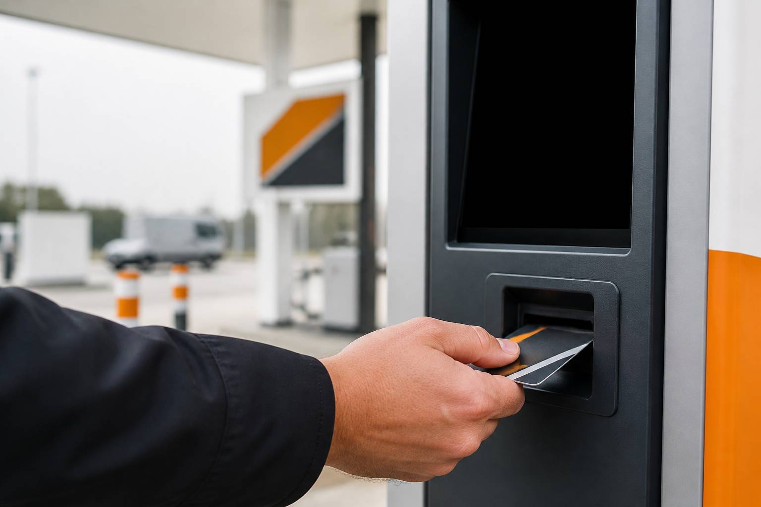 Mano che inserisce una carta carburante nel lettore di una colonnina