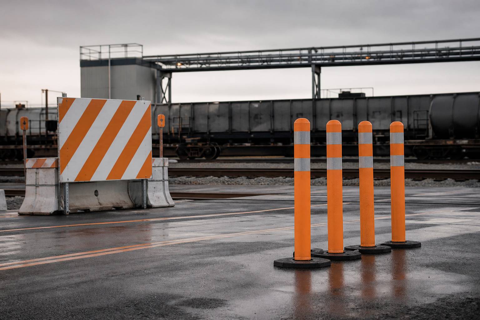 Voies ferrées avec plots et panneaux de chantier, wagon de fret à l'arrêt