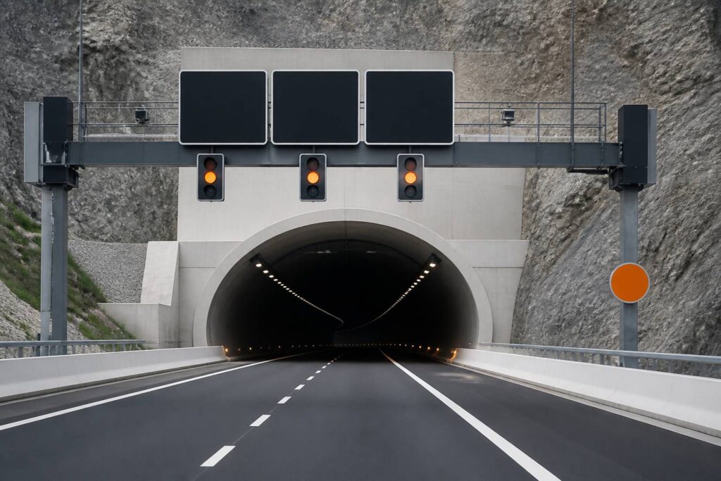 Uscita di un tunnel di montagna con portale e semaforo