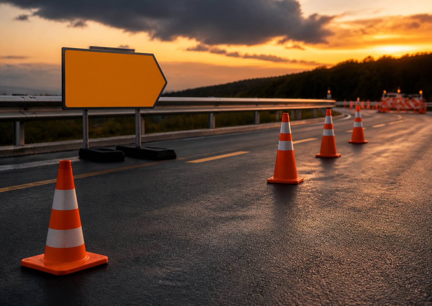 Cônes de signalisation et panneau de déviation sur l'asphalte