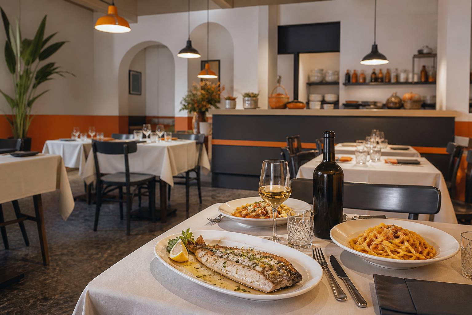 Table de trattoria avec poisson frais et pâtes