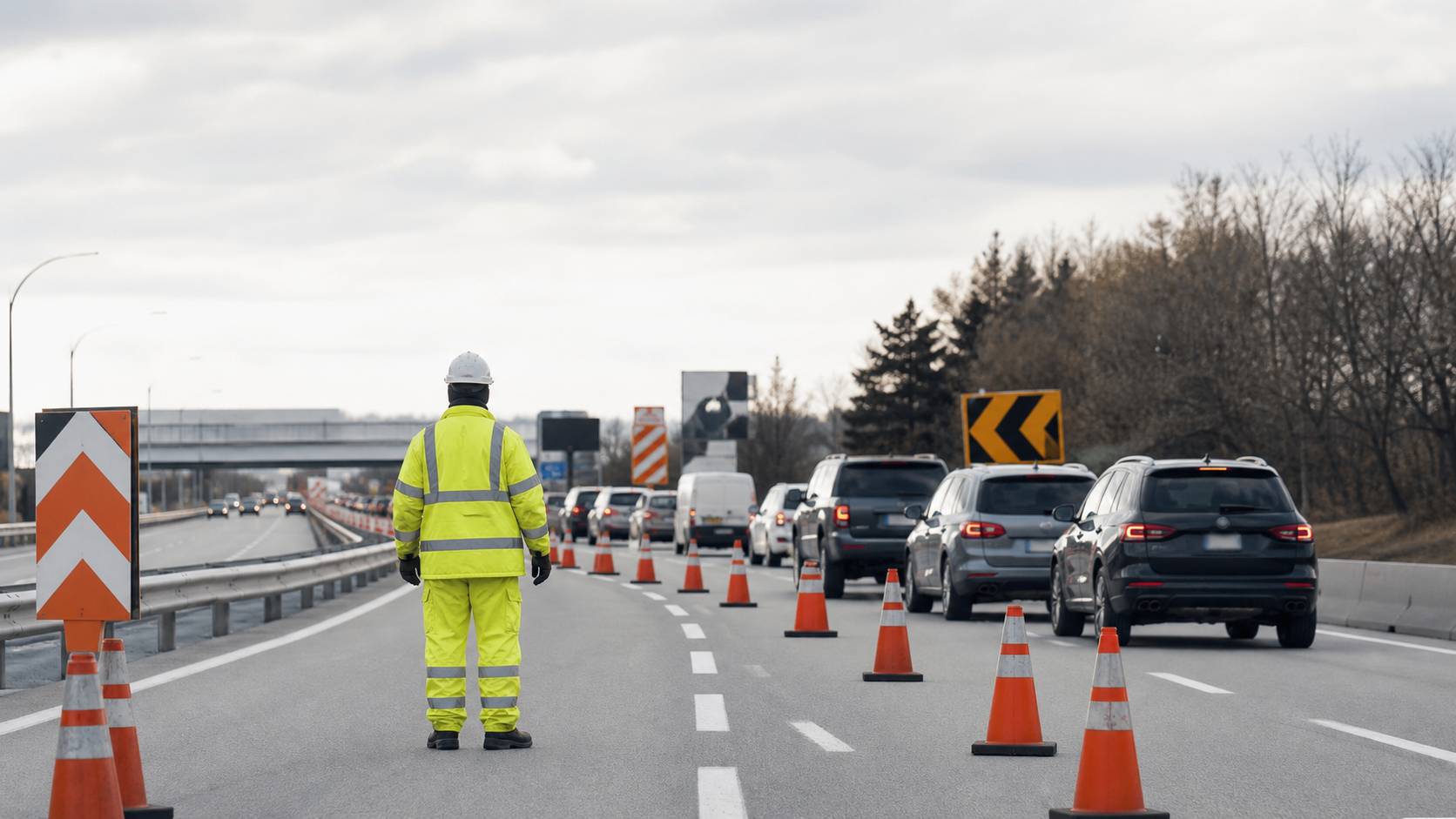 Déviation de circulation avec cônes et véhicules ralentis