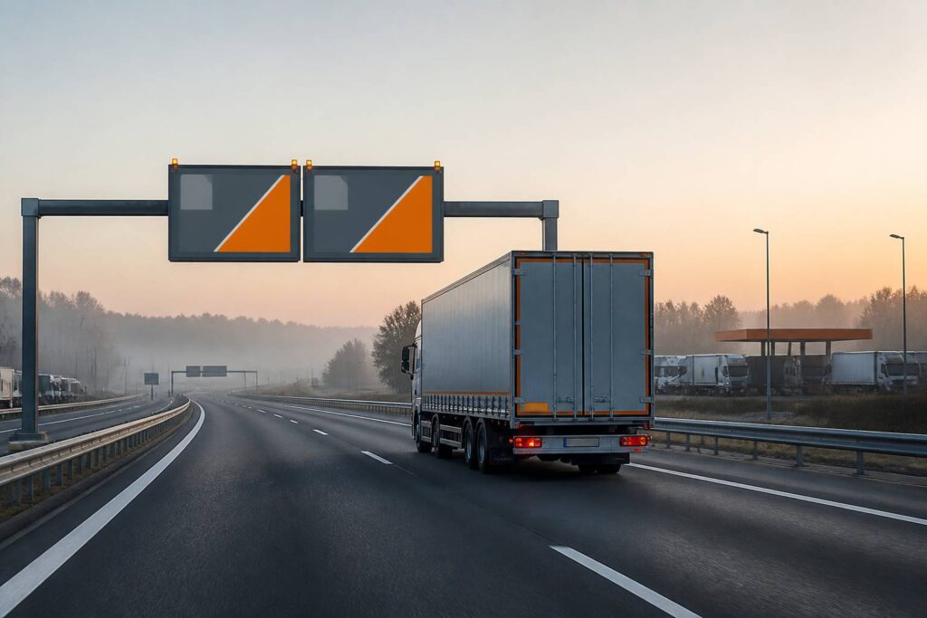Poids lourd sur autoroute au petit matin sous panneaux ambre et gris