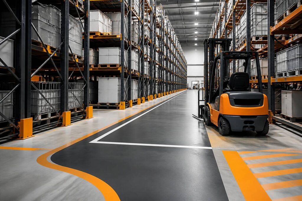 Entrepôt logistique moderne avec rayonnages et conteneurs
