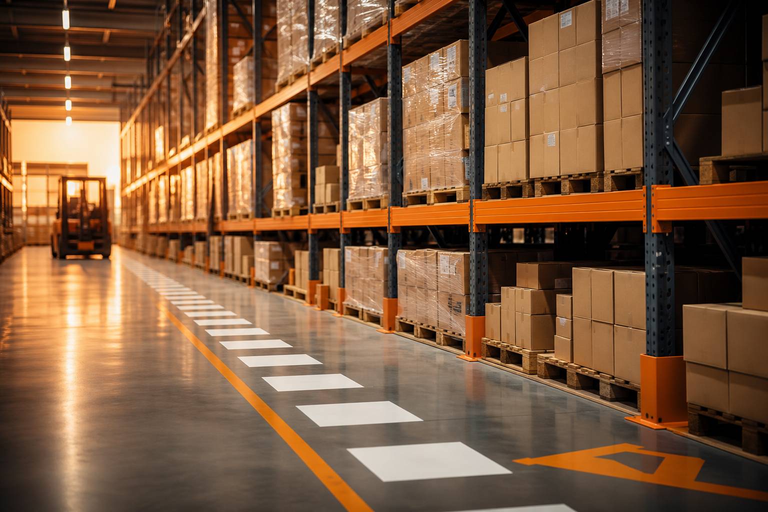 Palettes de denrées alimentaires dans un entrepôt logistique éclairé