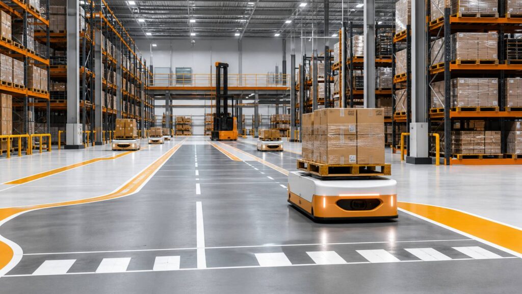 Entrepôt logistique moderne avec robots mobiles autonomes transportant des palettes