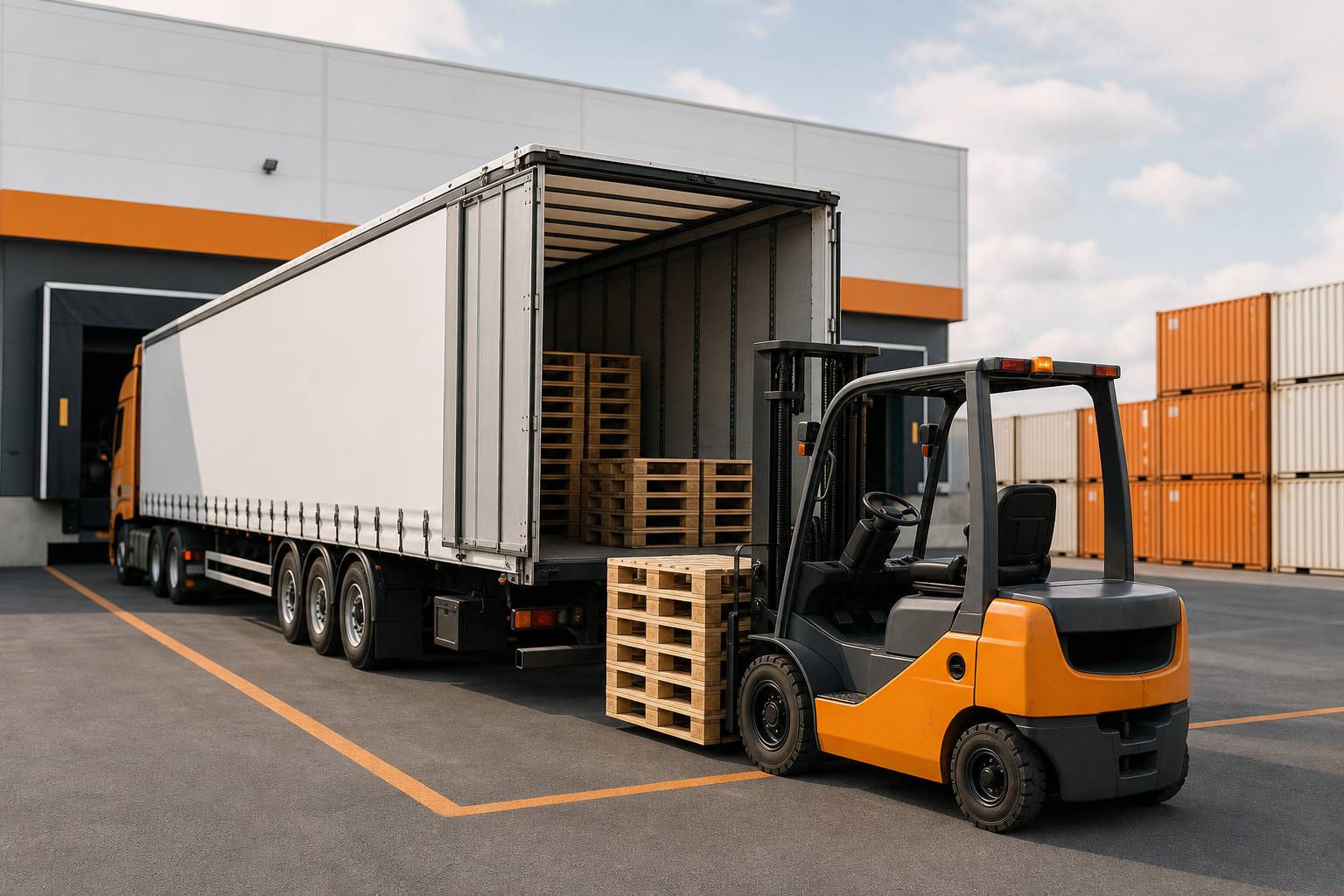 Semi-rimorchio in caricamento con pallet in una piattaforma logistica ordinata