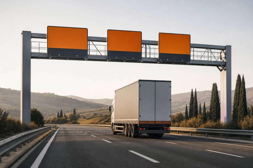 Autoroute toscane avec portique moderne et cyprès