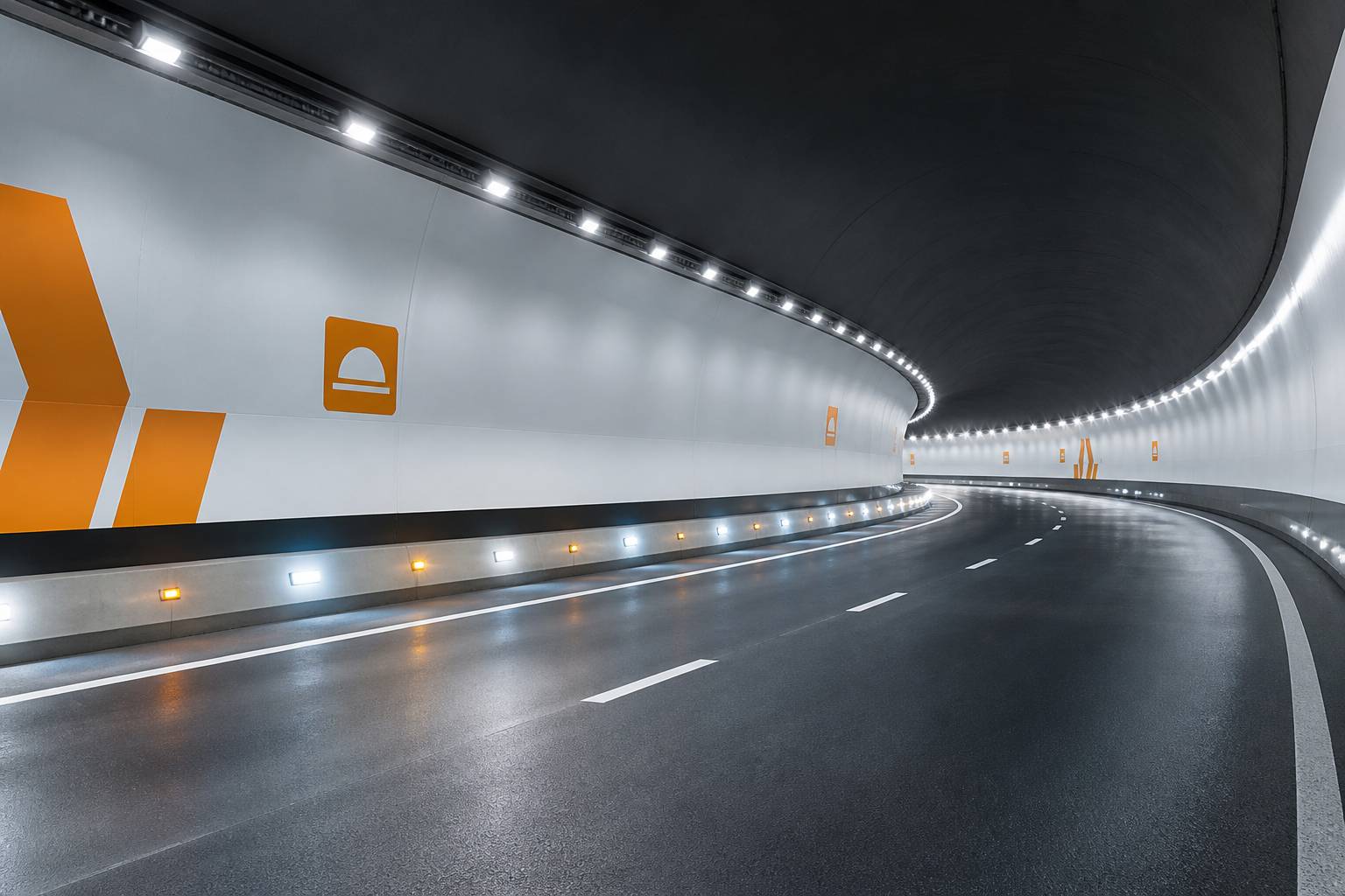 Intérieur de tunnel avec bandeaux lumineux et panneaux de sécurité