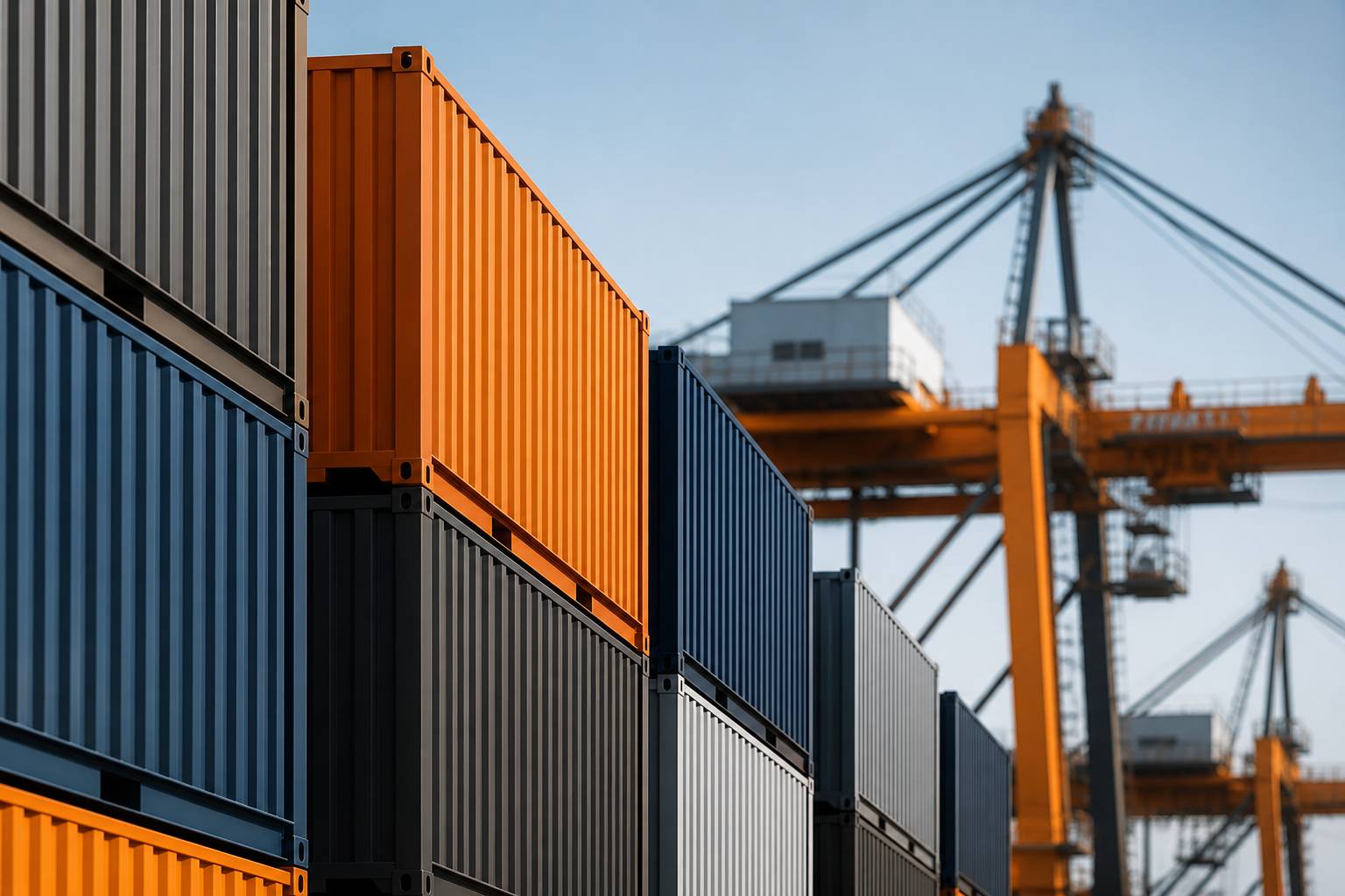 Conteneurs maritimes empilés avec grue portuaire en arrière-plan