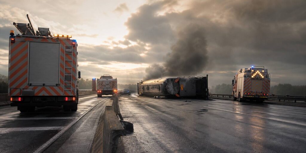 Camion-citerne accidenté avec fumée sur une autoroute