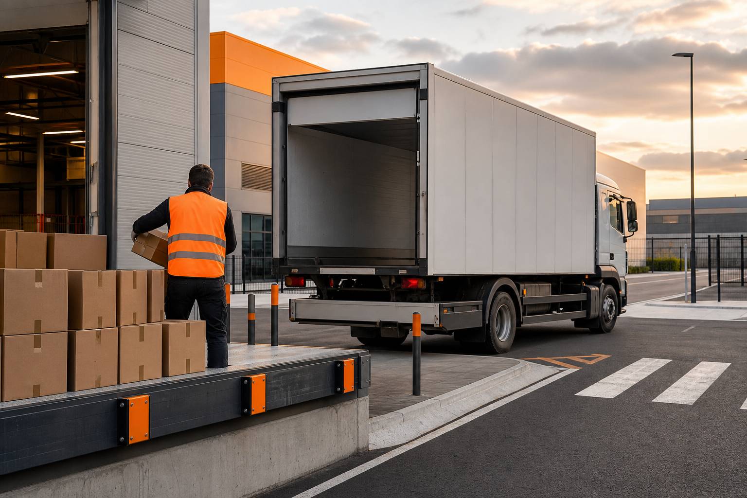 Camion de livraison au quai avec colis cartonnés et employé en gilet