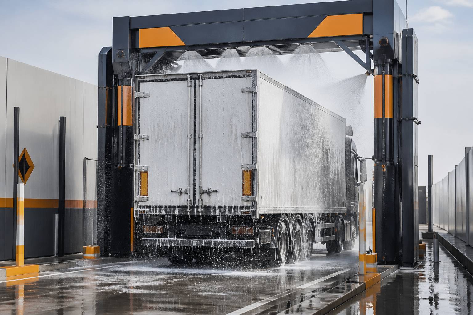 Jets d'eau et mousse sur un camion dans un portail de lavage