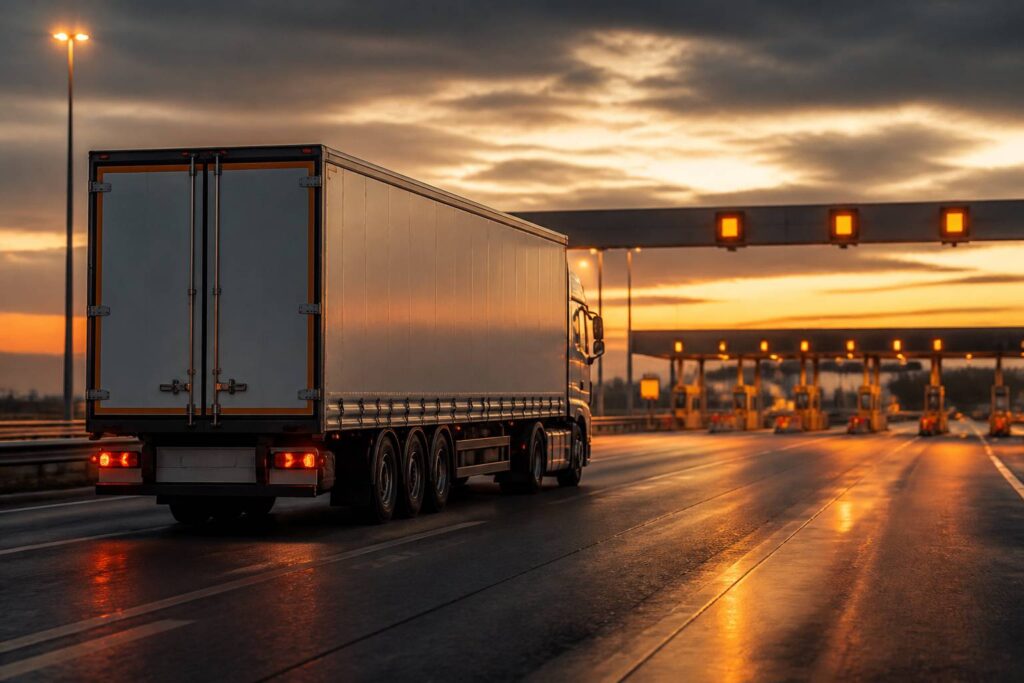 Poids lourd roulant sur une autoroute au crépuscule avec un péage en arrière-plan
