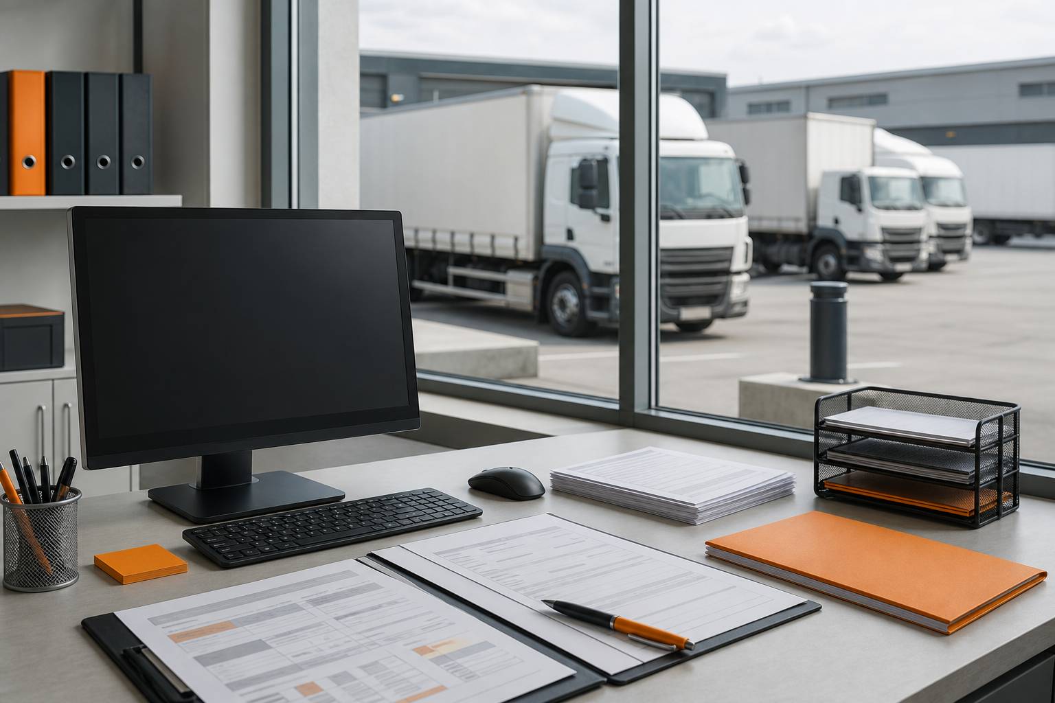 Dépôt logistique avec camions génériques et documents de transport sur un bureau