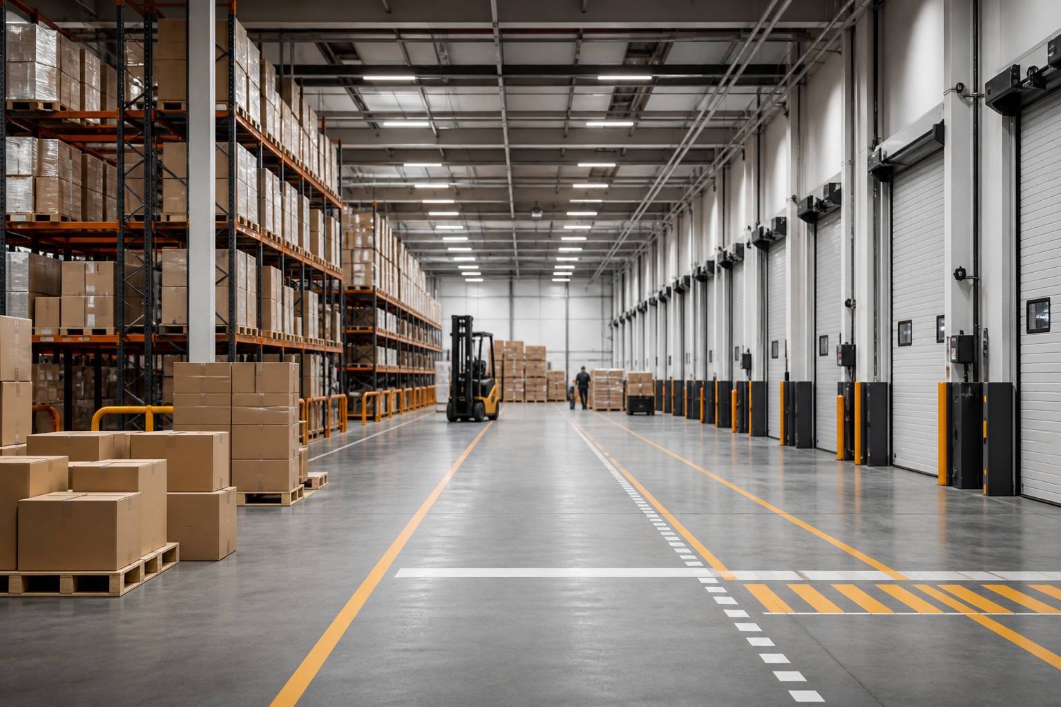 Entrepôt logistique avec colis empilés sans étiquette et rayonnages métalliques