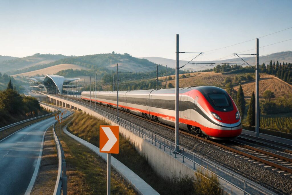 Train à grande vitesse générique rouge traversant une campagne italienne vallonnée