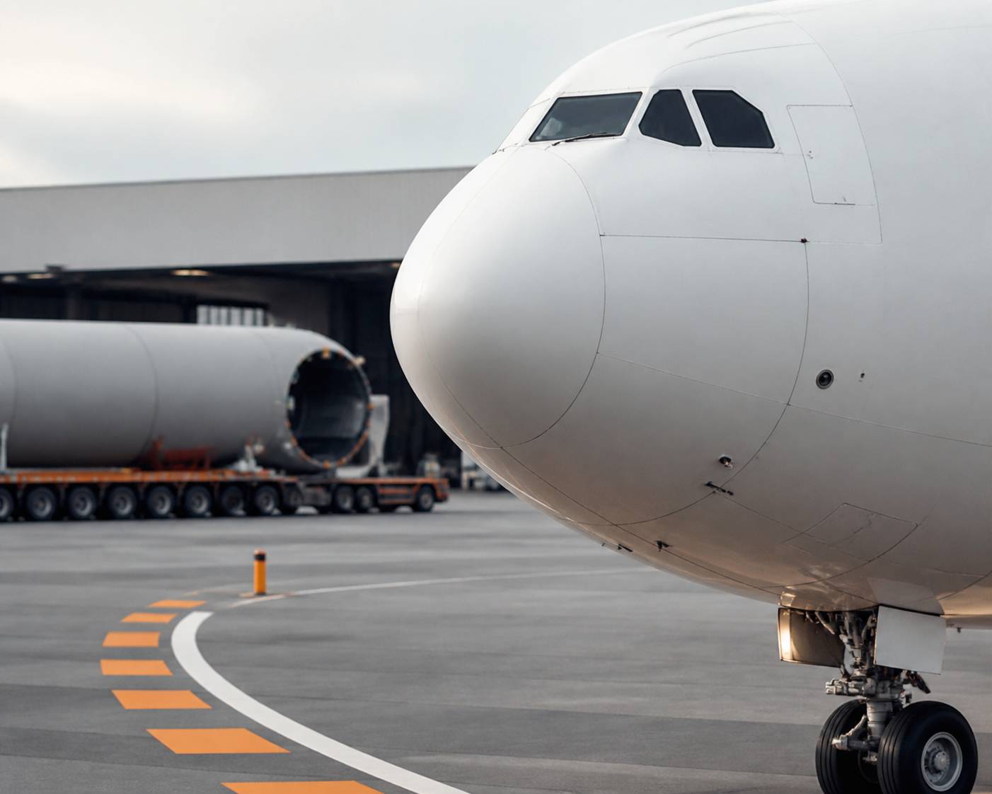 Nez arrondi et hublots d'un avion cargo à large fuselage