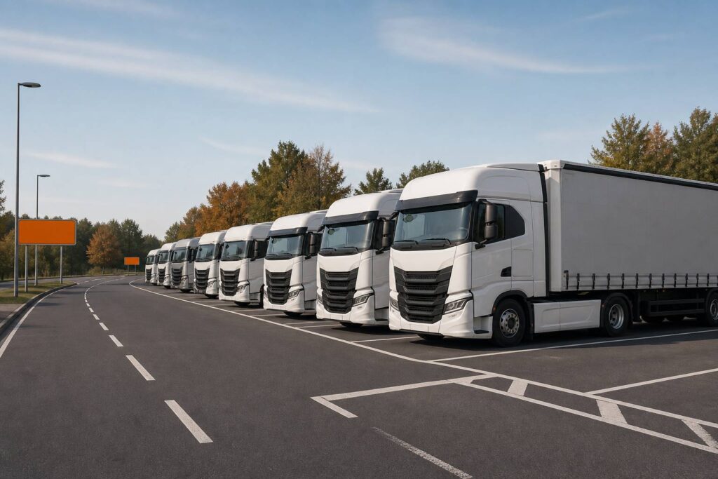 Camion moderni parcheggiati in fila in un'area di servizio autostradale