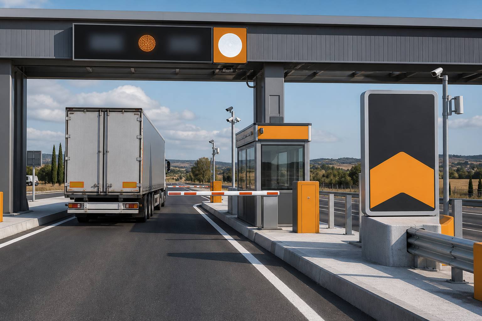 Portique de péage avec barrière et camion en approche