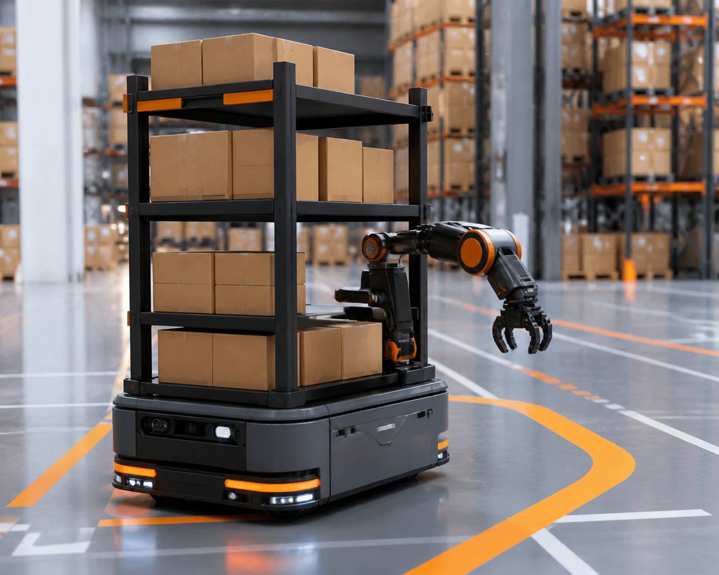 Robot mobile autonome avec étagère de picking dans un entrepôt