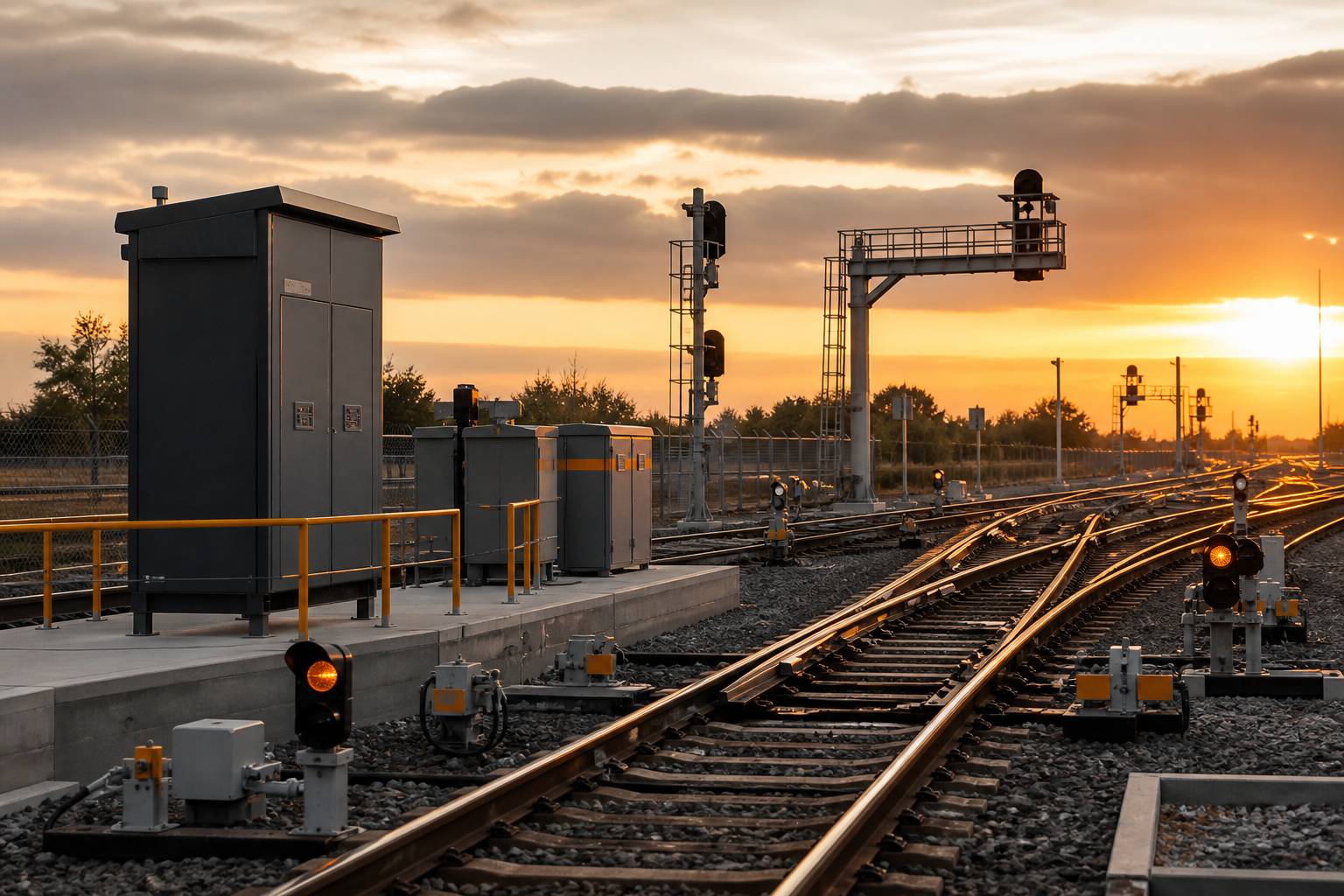 Signalisation ferroviaire et aiguillages sur des rails au soir