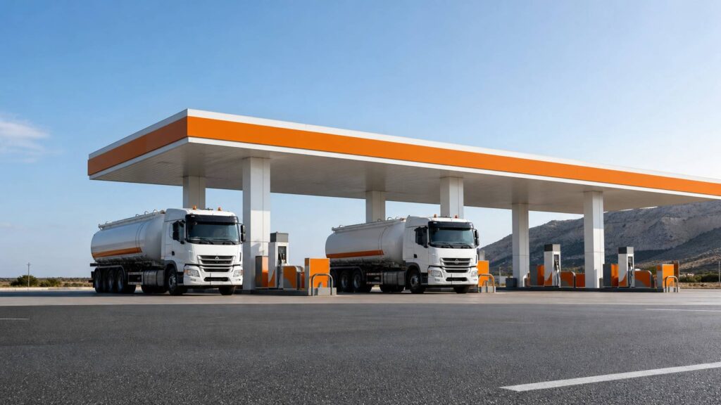 Stazione di servizio con camion cisterna sullo sfondo
