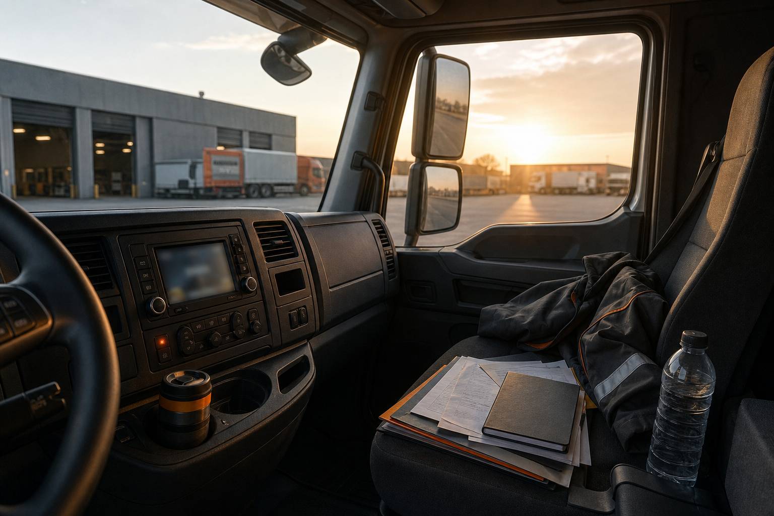 Tachygraphe et documents de transport dans la cabine d'un camion