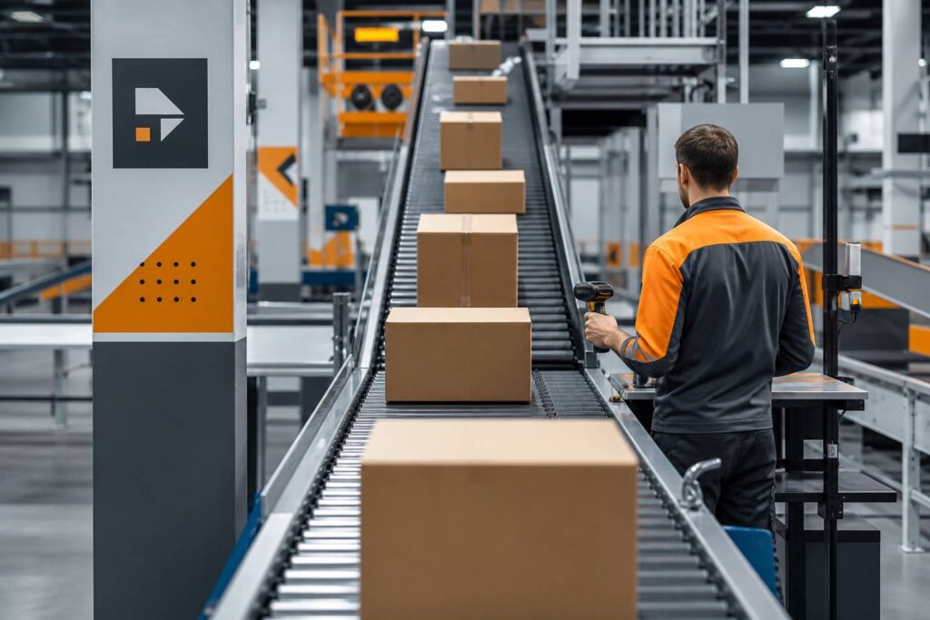 Centre logistique avec cartons sur tapis roulant et poste de contrôle