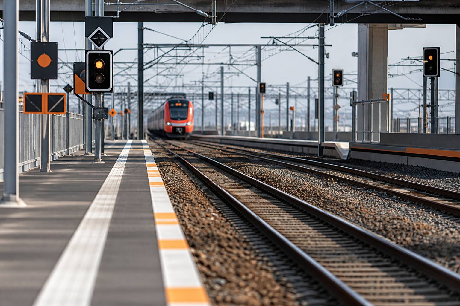 Voies ferrées avec train générique rouge en approche et signalisation sans texte