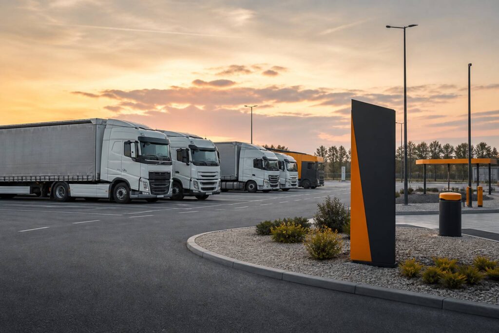 Camions semi-remorques génériques garés sur une aire autoroutière au soleil couchant